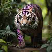 Photo tigre verde com listras roxa e cara de pavo e rabo de gato generated by ai