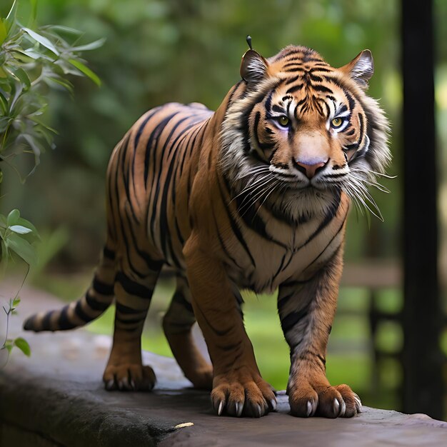 Photo tigre verde com listras roxa e cara de pavo e rabo de gato generated by ai