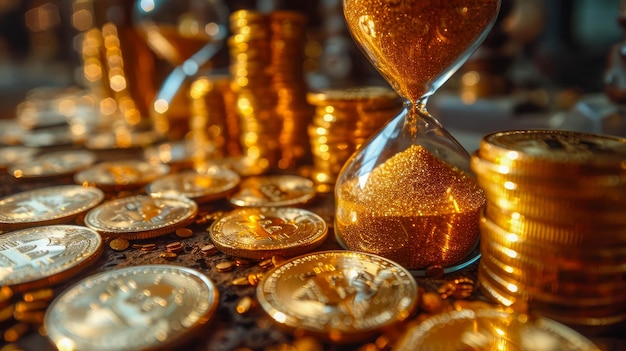 Tijd is geld. Zandklok en gouden munten op de tafel.