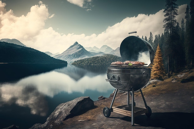 Tijd om te grillen in het bos. Grillen aan de kust van een prachtig meer. Kopieer de ruimte