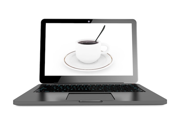 Tijd voor koffiepauze concept. Moderne laptop met kopje koffie op het scherm op een witte achtergrond