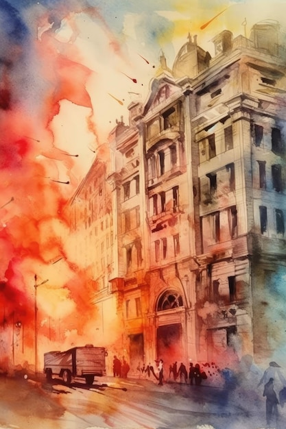 Tijdens de oorlog verbrandden gebouwen in de stad Generatieve AI in aquarelstijl