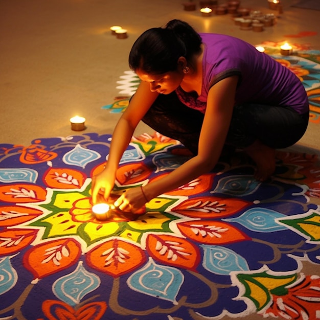 Foto tijdens diwali komen mensen samen om prachtige rangoli-ontwerpen te maken