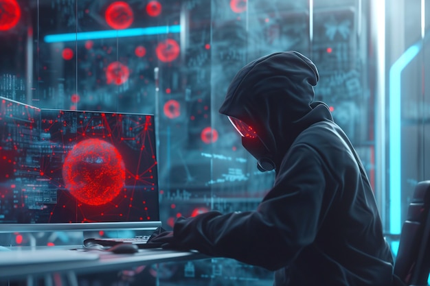 Tijdens een cyberaanval lanceert een hacker een digitaal virus in het wereldwijde netwerk.