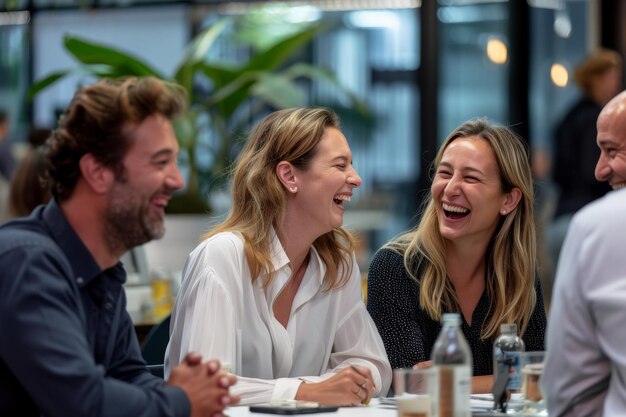 Foto tijdens een personeelsvergadering glimlacht een groep gelukkige zakenlieden vrolijk een multicultureel zakenteam dat samenwerkt