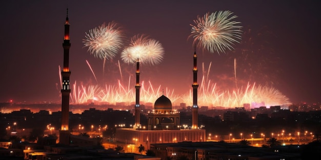 Tijdens het festival wordt vuurwerk boven een stad gezien.