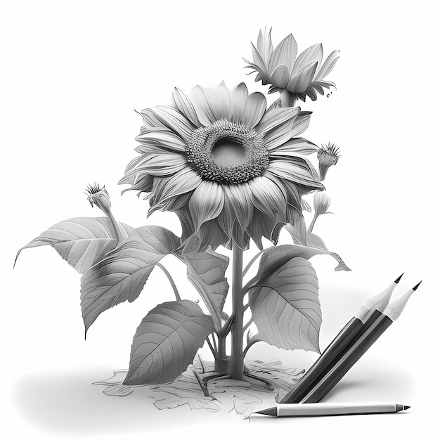 Tijdloze schoonheid boeiende 8K zonnebloem potlood schets op een witte achtergrond