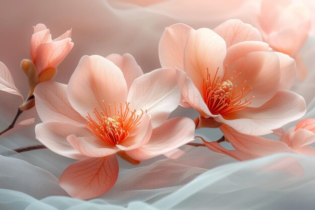 Tijdloze schoonheid van perzikbloemen tegen het doek van een gedempte ochtend
