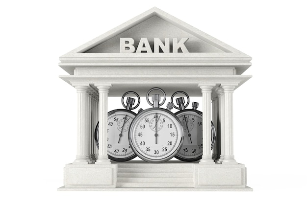 Tijdsbesparingsconcept. Bankgebouw met stopwatch op een witte achtergrond