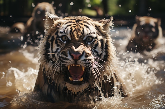 Tijger brult in het water