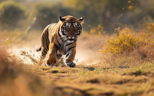 tijger die een vreugdevolle sprint over de savanne doet