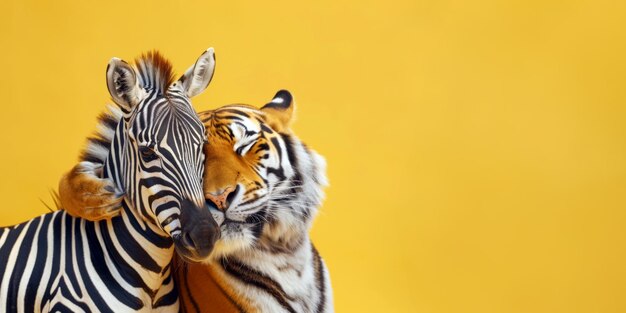 Foto tijger en zebra die zachtjes omhelzen op gele achtergrond zoo concept