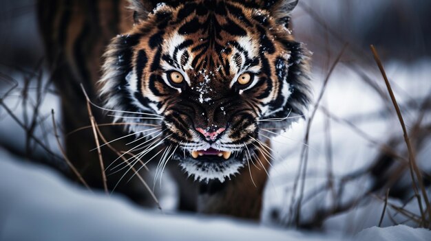 tijger in de sneeuw met witte snorharen