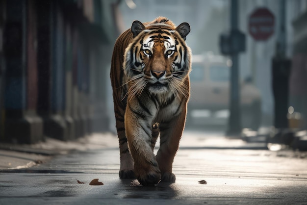 Tijger loopt door een stadsstraat