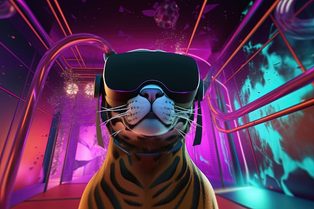 Tijger met een virtual reality-bril in een futuristische setting Generatieve AI