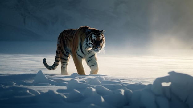 Foto tijger op sneeuw klimaatverandering hd poster voor frame