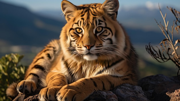 Tijger poseert zittend op de rotsen bovenop een berg