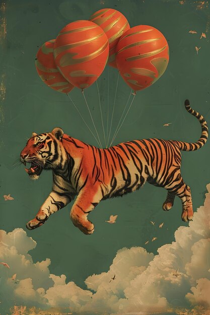 Tijger vliegt met amber- en gouden ballonnen in een levendig smaragdlandschap een surrealistisch