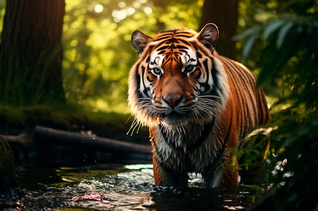 Tijger zwemt in de rivier in het bos, gegenereerd door AI.