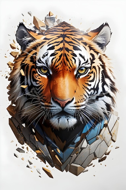 tijgergezicht portret half gezicht verbrijzelen in deeltjes ultra gedetailleerde kunst geen achtergrond witte bac