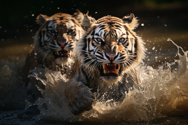 Tijgers opgesloten in een watergevecht Genatieve AI