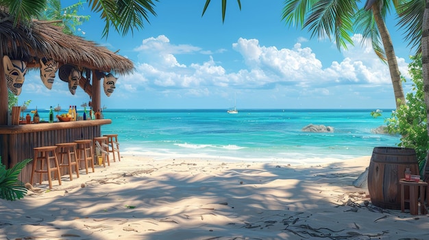 ティキ・バー (Tiki Bar) ティキバー (tiki bar) は夏のビーチで木製の小屋で部族の仮面を着て飲み物とスナックを食べる海のパームの木とカフェでカクテルを提供する現代的なアニメの熱帯風景エキゾチックな休暇の避難所