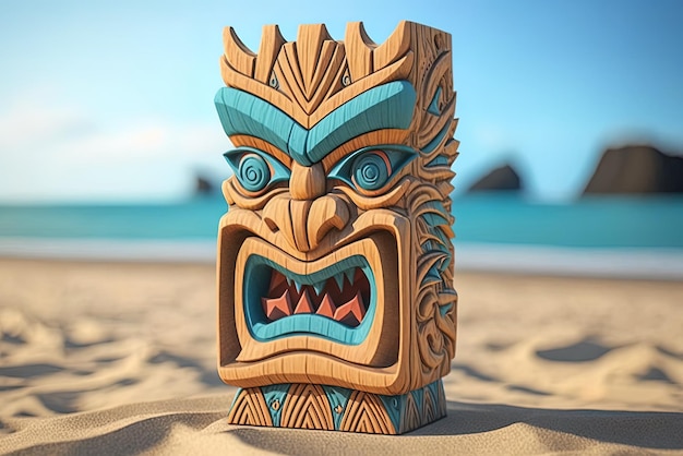 Foto maschera tiki che raffigura un uomo hawaiano tribale felice sulla spiaggia