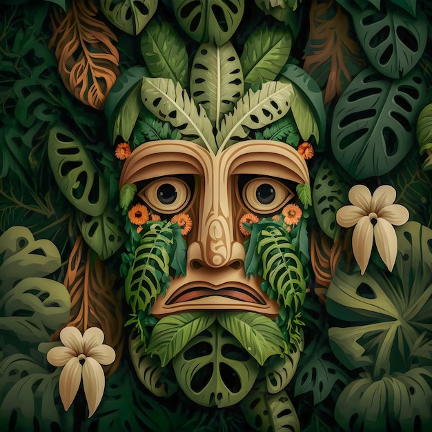 Tiki Mask droevig gezicht portret whit jungle bloemen illustartion