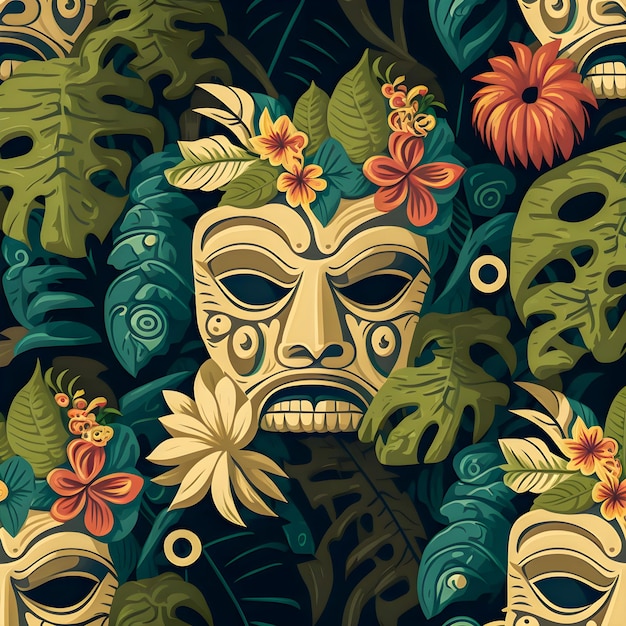 Foto tiki mask droevig gezicht portret whit jungle bloemen illustartion