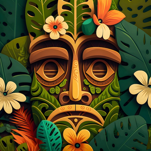 Tiki Mask sad face portrait whit jungle flowers illustartion