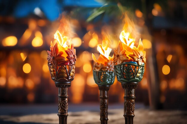 Tiki torches lighting up a beachfront luau realistic tropical background