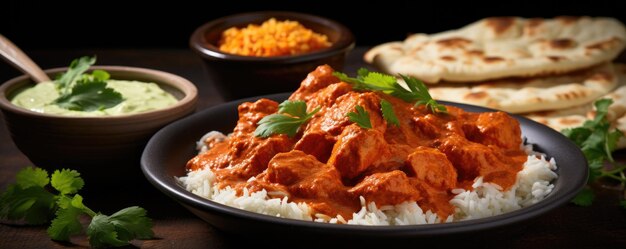 tikka masala spicy curry meat food Butter chicken with bread on dark backround Generative ai