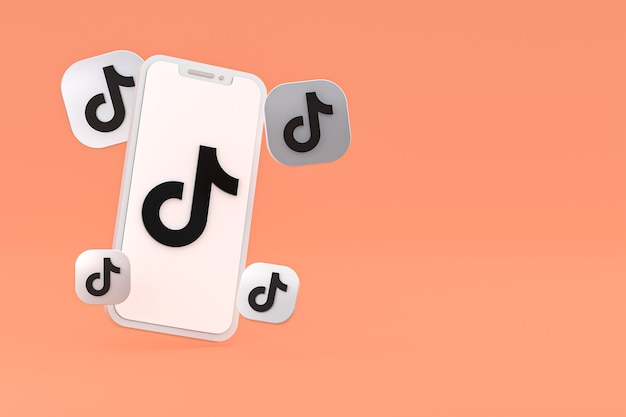 L'icona di tiktok sullo schermo dello smartphone o del telefono cellulare 3d rende su sfondo arancione