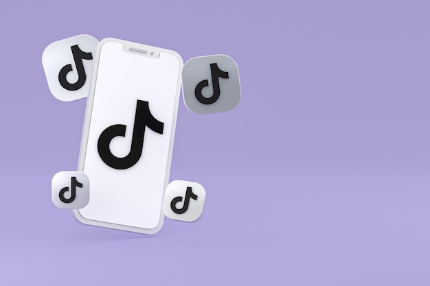 L'icona di tiktok sullo schermo dello smartphone o del telefono cellulare 3d rende su sfondo viola