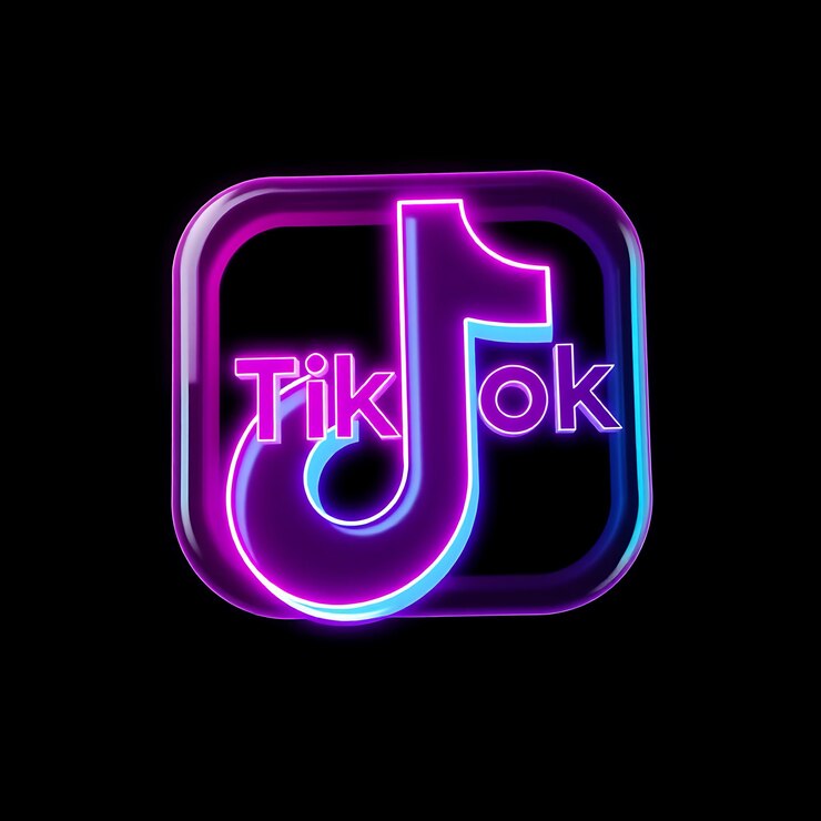 Фотография логотип tiktok с 3d-рендером непрозрачный стеклянный материал динамическое свечение неон розовая и синяя цветовая схема изола