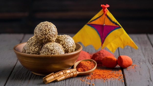 Photo til gul or sweet sesame laddu with fikri and kite with haldi kumkum for makar sankranti festival ov