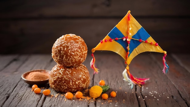 Photo til gul or sweet sesame laddu with miniature fikri and kite model with haldi kumkum and sugar cryst