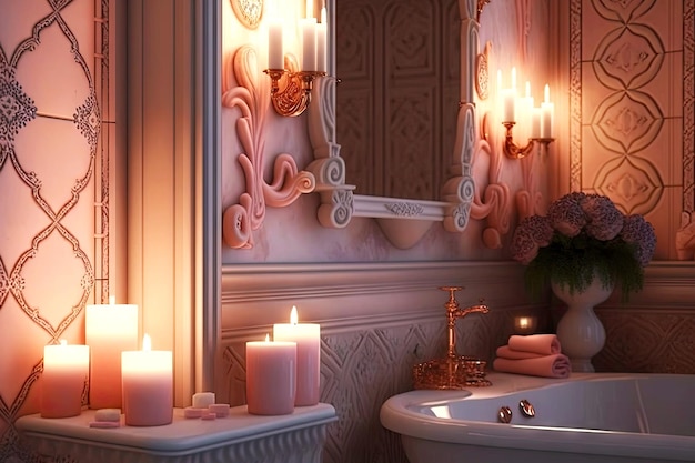 소프트 핑크 악센트 생성 AI가 있는 촛불로 타일 욕실 인테리어