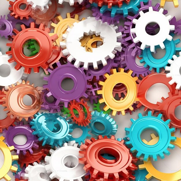 A tile of colorful gear wheels their interlocking teeth and vibrant hues of synergy of mechanics