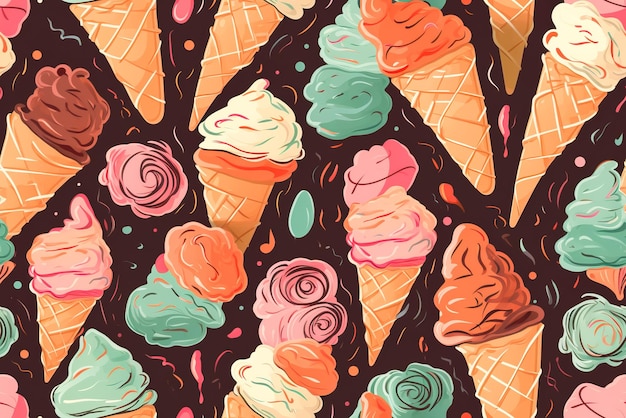 Tile Ice cream seamless pattern Colorful ice creams in waffle cones Generative AI