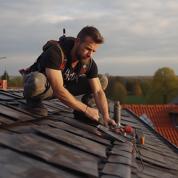 Tile Roofer Repairing House Roof from Leaks