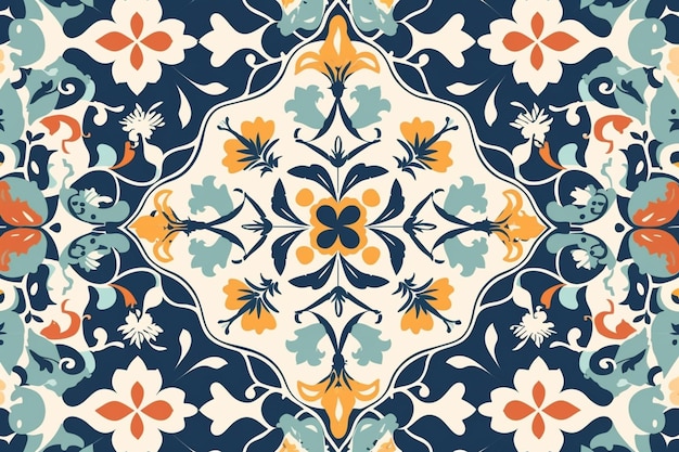 A tile that is blue and orange with a floral pattern.