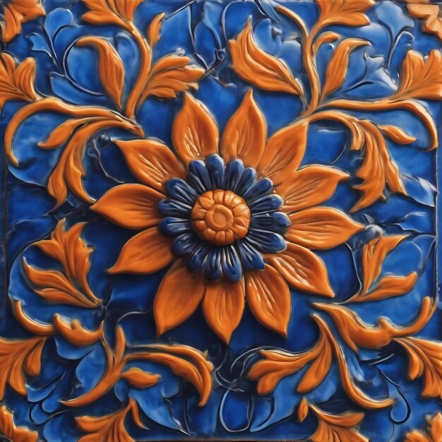 A tile with a blue and orange flower design