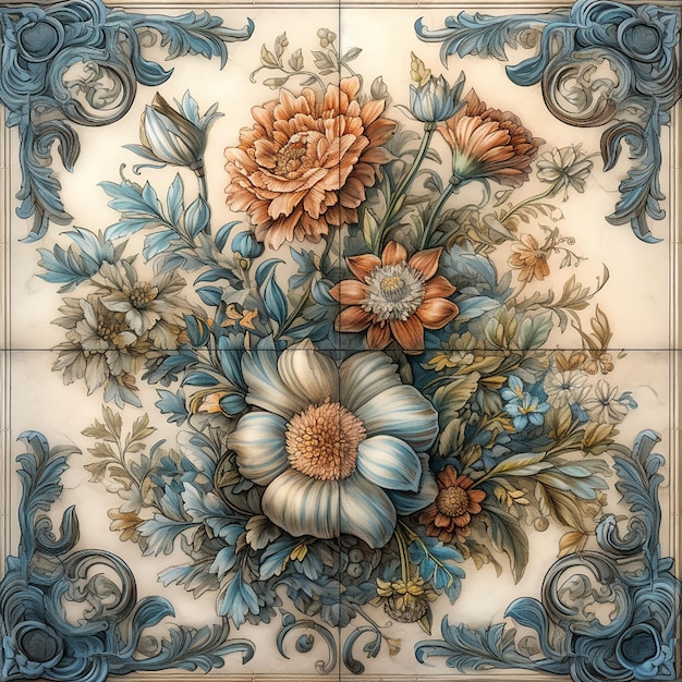 A tile with flowers and a blue border is shown.