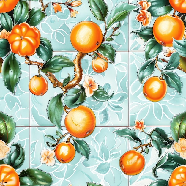 a tile with oranges and green leaves on it