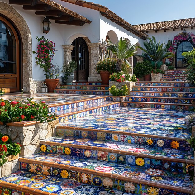 Photo tiled mosaic podium in a mediterranean courtyard the colorful tiles blur with the sunny ambiance
