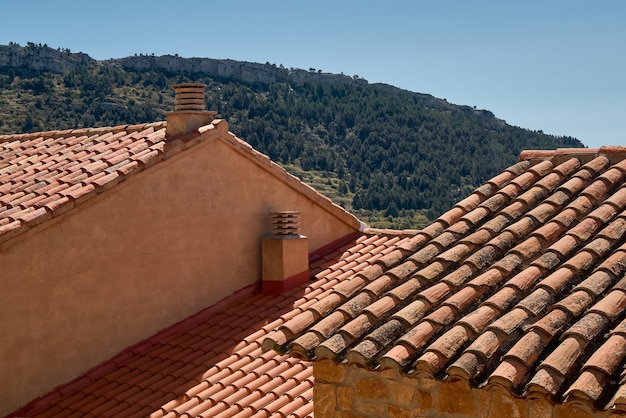 Черепичная крыша дома. сельский дом с камином
