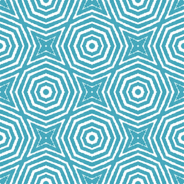 Tiled watercolor pattern. Turquoise symmetrical kaleidoscope background. Hand painted tiled watercolor seamless. Textile ready unique print, swimwear fabric, wallpaper, wrapping.