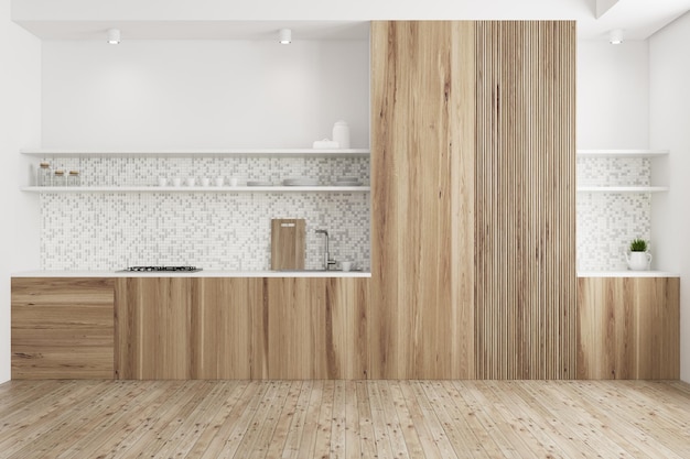 Tiled and wooden kitchen interior with a wooden floor, wooden countertops, and a cupboard. 3d rendering mock up