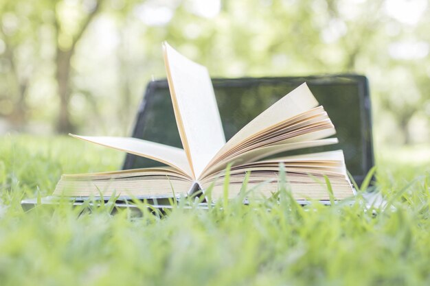 Tilt image of open book on field